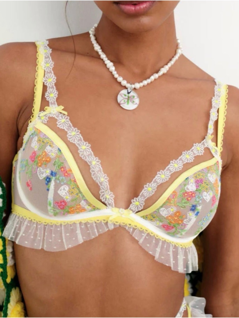 For Love & Lemons Summer Lovin Floral Lace Bra Yellow White M